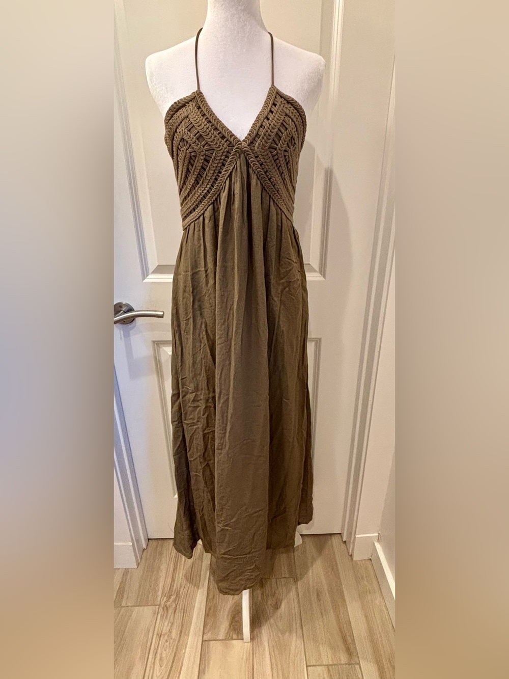NWT Massimo Dutti Olive Halter Maxi Dress with Crochet Bodice - M